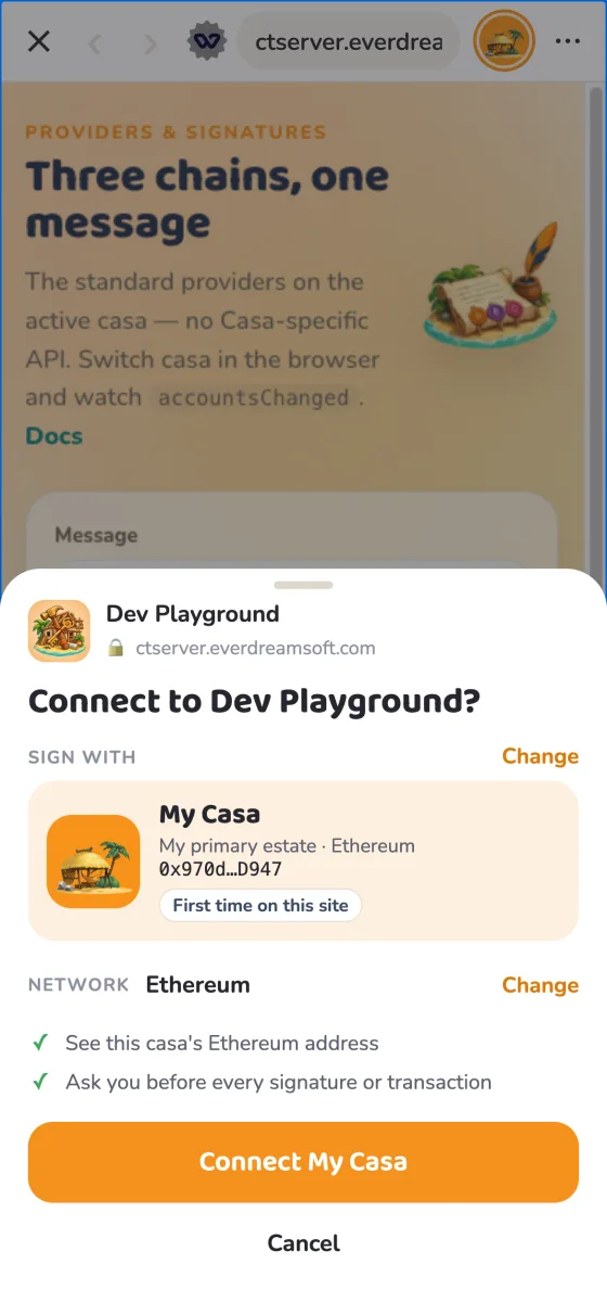 Dev Playground への接続を求める Casa Tookan のシート
