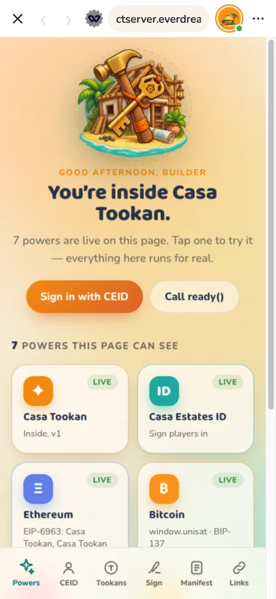 Casa Tookan のブラウザで動作し、接続済みの Dev Playground