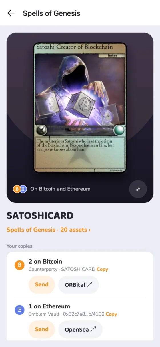 La carte Satoshi : 2 exemplaires sur Bitcoin via Counterparty et 1 sur Ethereum via Emblem Vault.