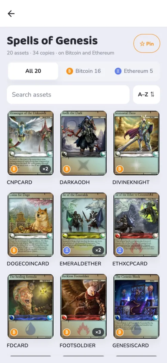 La collection Spells of Genesis : 20 actifs affichés en cartes, filtrés par Bitcoin ou Ethereum.