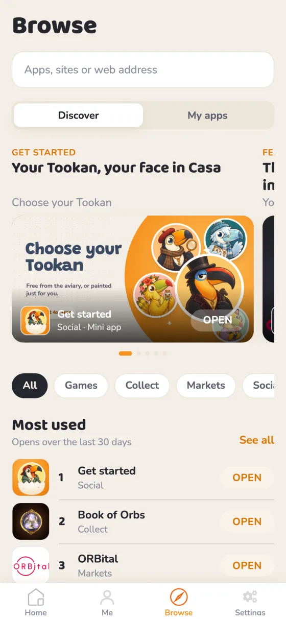 L’onglet Explorer de Casa Tookan : une mini app à la une, des catégories et les apps les plus utilisées, Get started, Book of Orbs et ORBital.